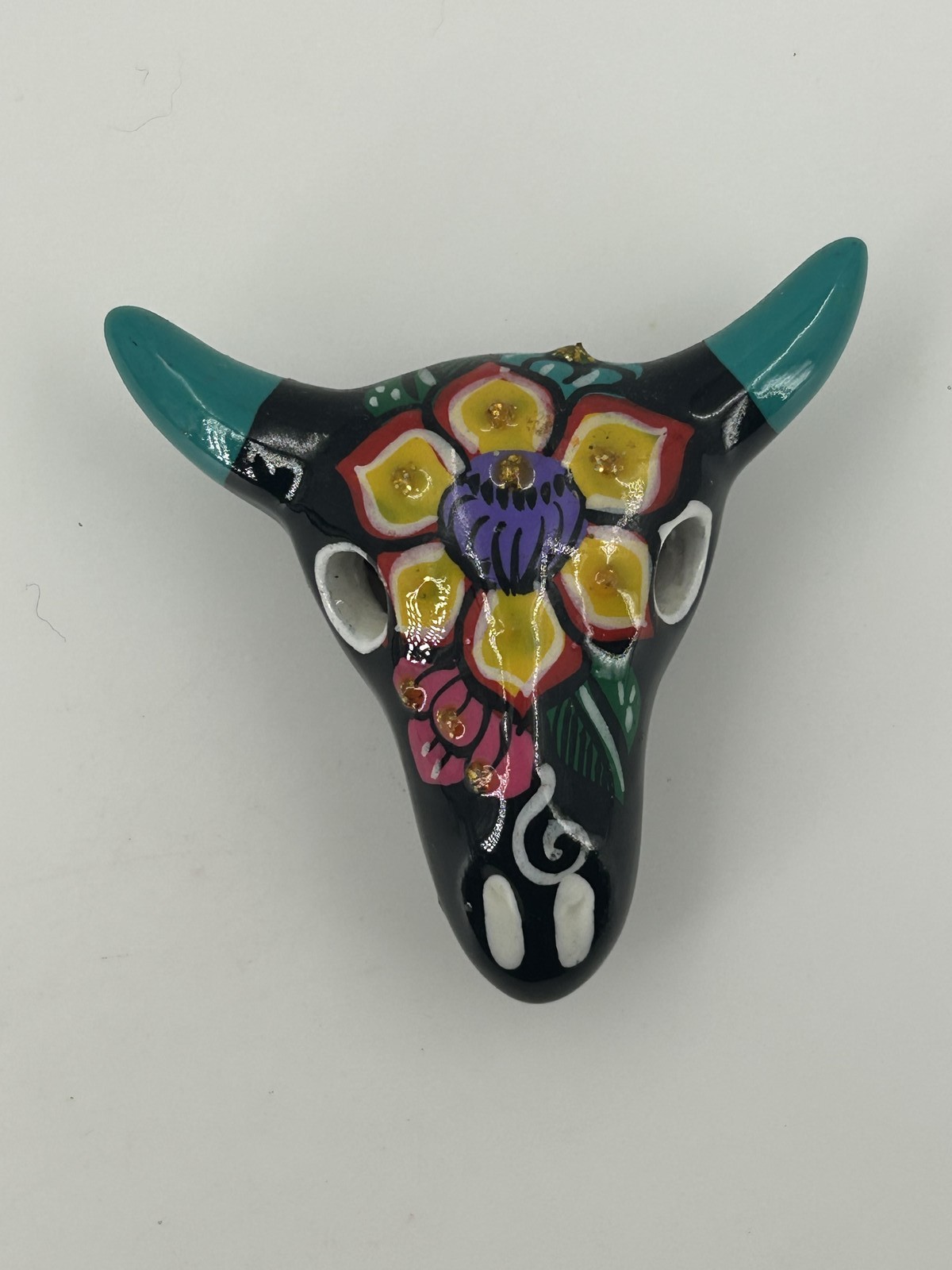 Mexican Talavera Style Hand Painted Bull Skull Magnet Clay Figurine 3″ Floral