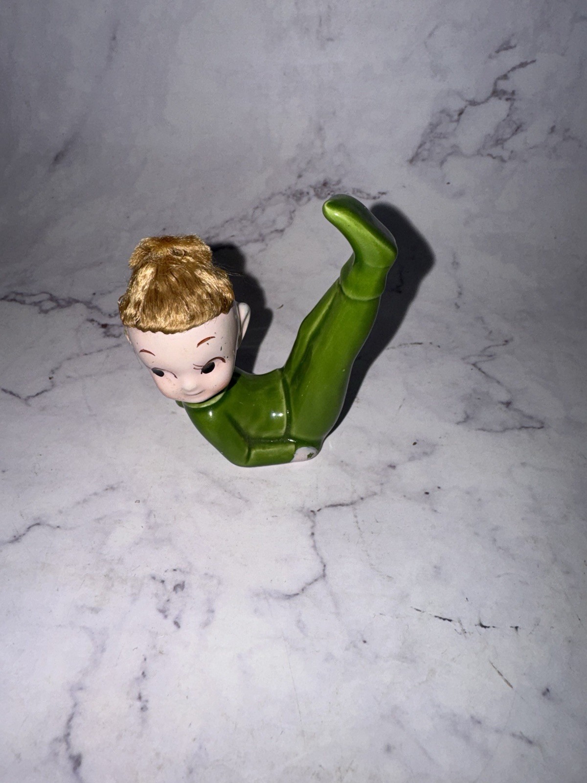 Vintage Green Ceramic Girl Pixie Elf Figurine with Blonde Hair