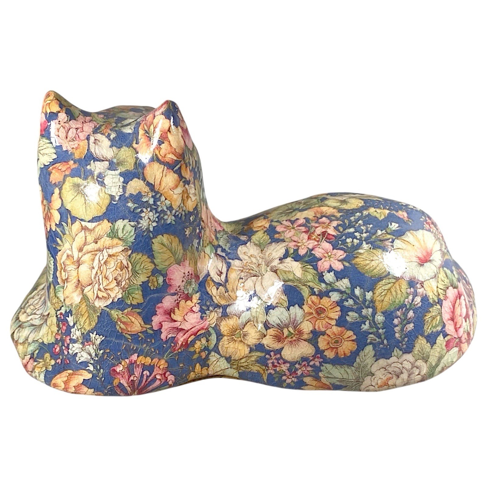 Vintage Papier Mache Cat Figurine Floral Decoupage Cottagecore Victorian Decor