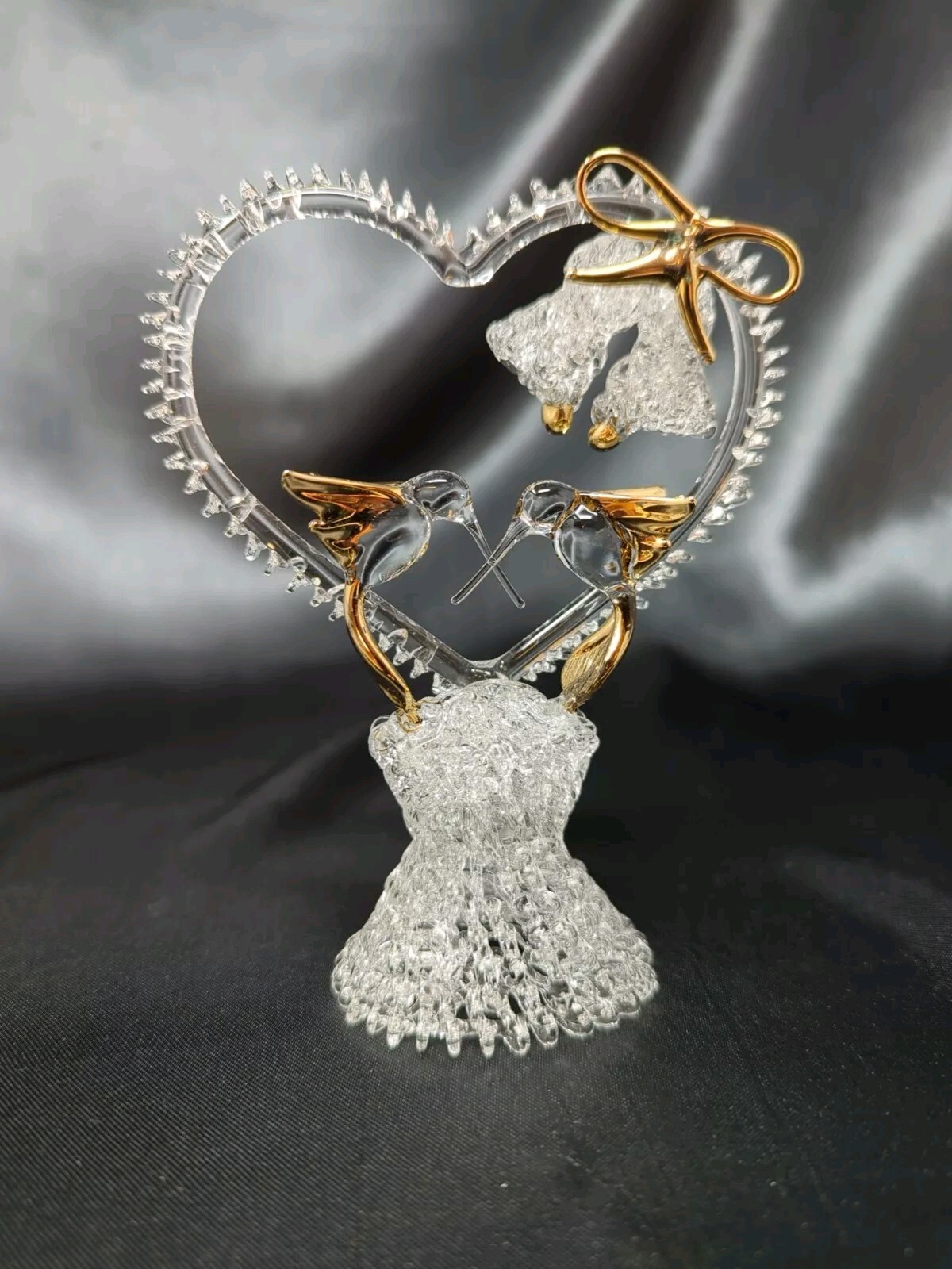 Clear Glass Heart Figurine 2 Hummingbirds Gold Detail 2 Bells Bird Bow Figure