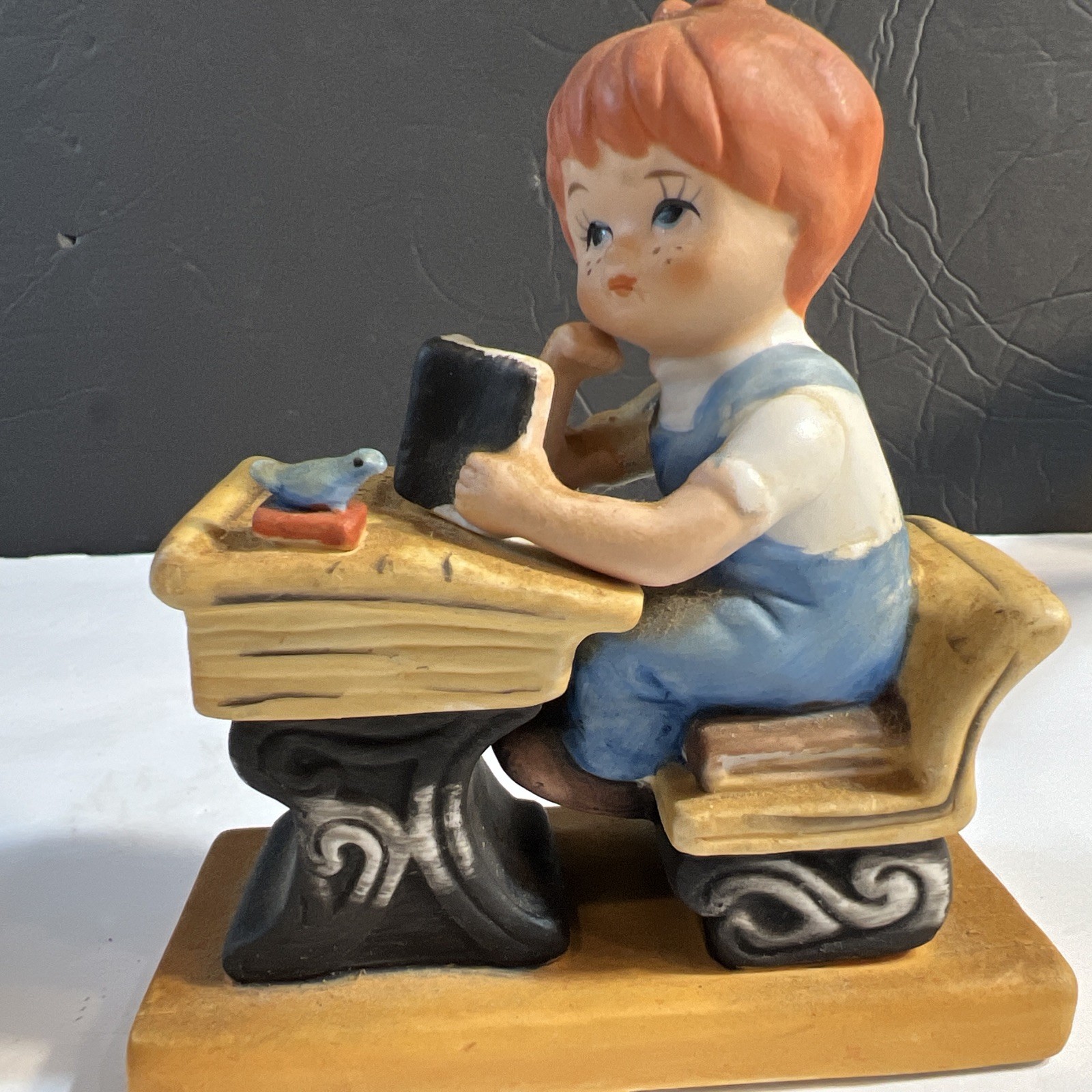 Treasures master vintage porcelain Red Hair kid at desk w/ bird and a book
