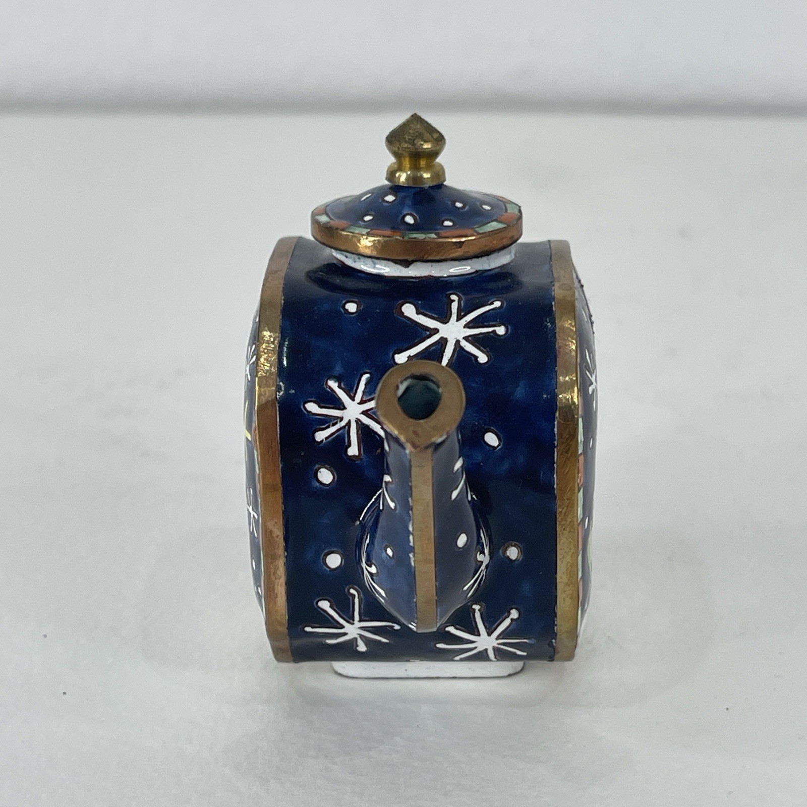 Miniature Enamel Copper Teapot Kelvin Chen Style Hand Painted Snowman Xmas VTG