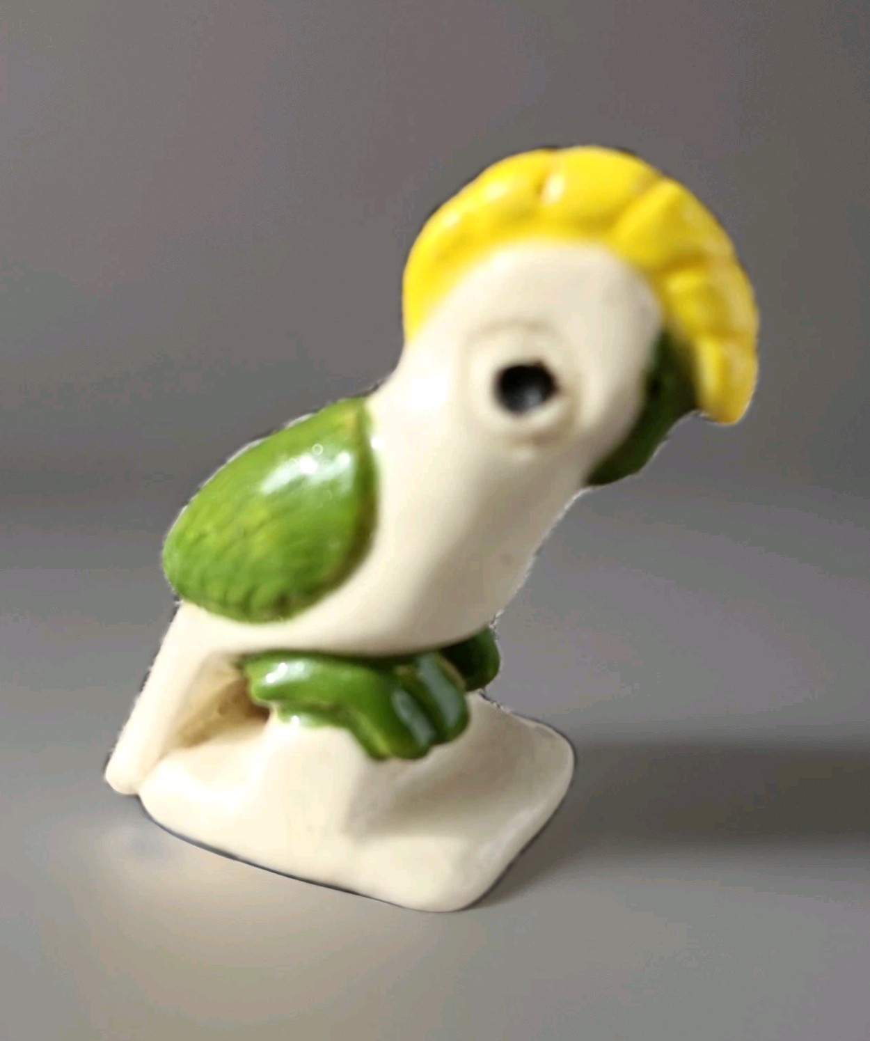 Miniature Handmade Ceramic Cockatoo Parrot, Signed, White, Yellow, Green
