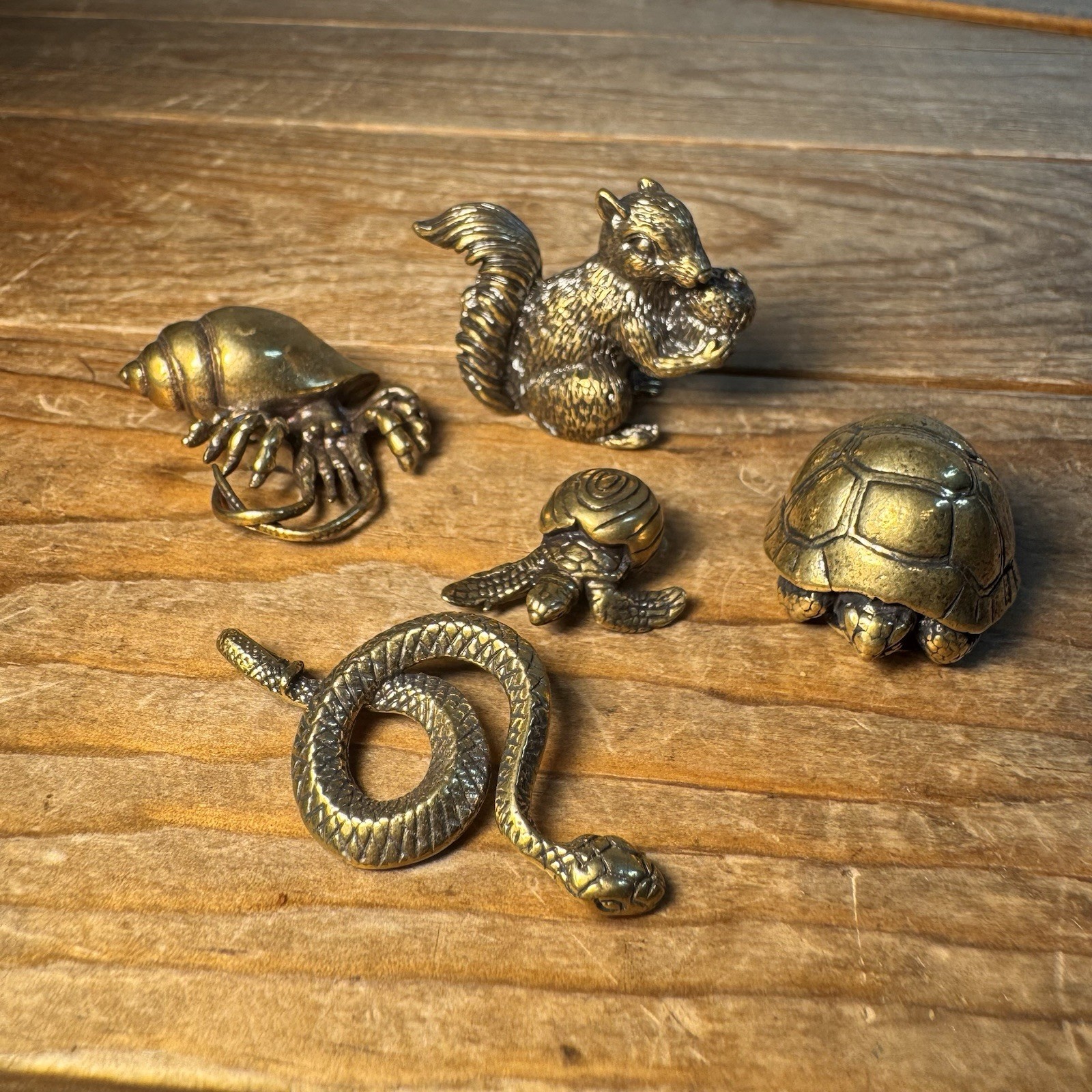 Lot Brass 5 Mini Trinket Figurine Turtle Snake Squirrel Snake Hermit Crab Animal