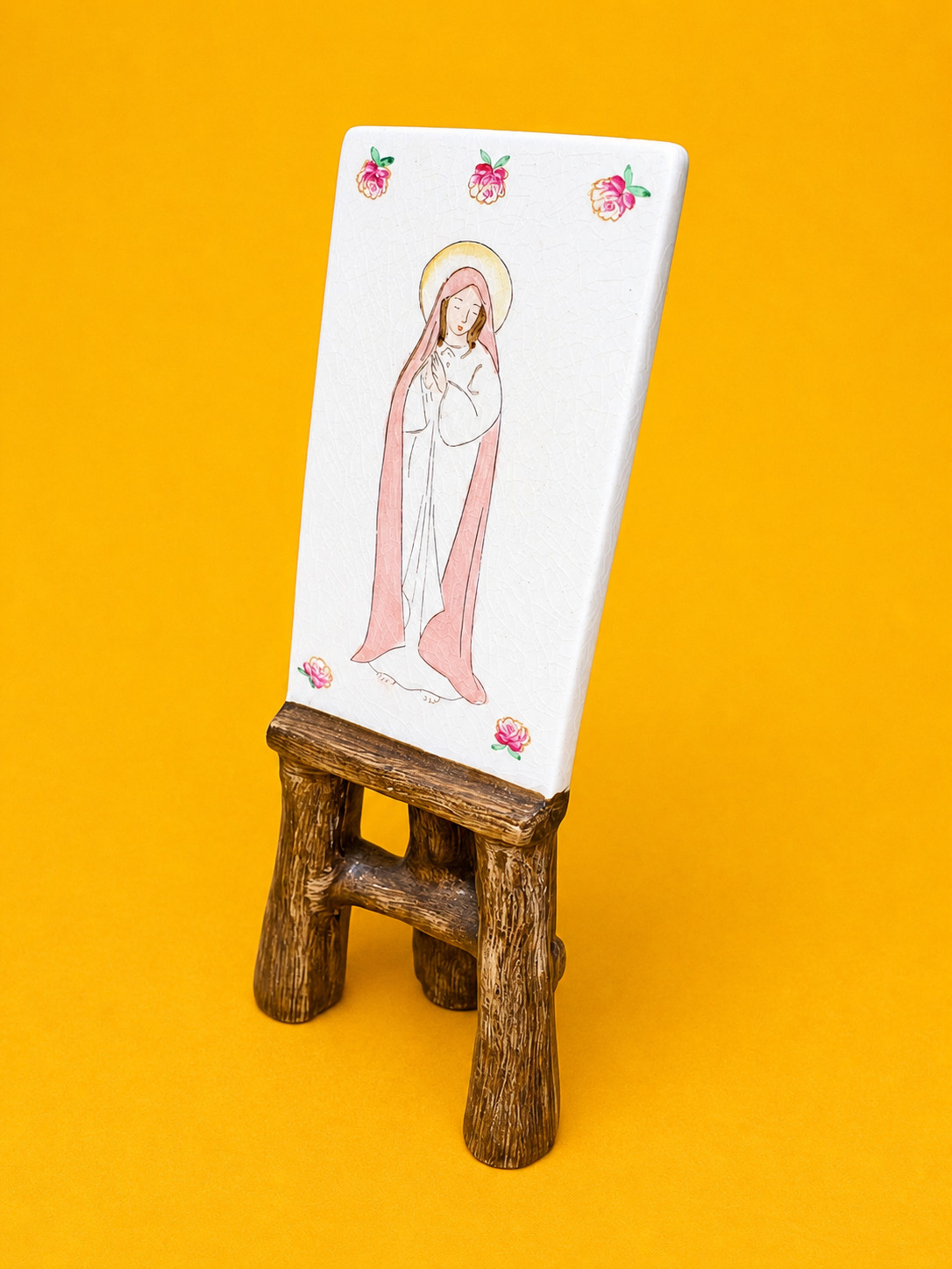 ❤️ Vtg Virgin Mary Christian Angel Figurine Easel Painting Catholic Religious