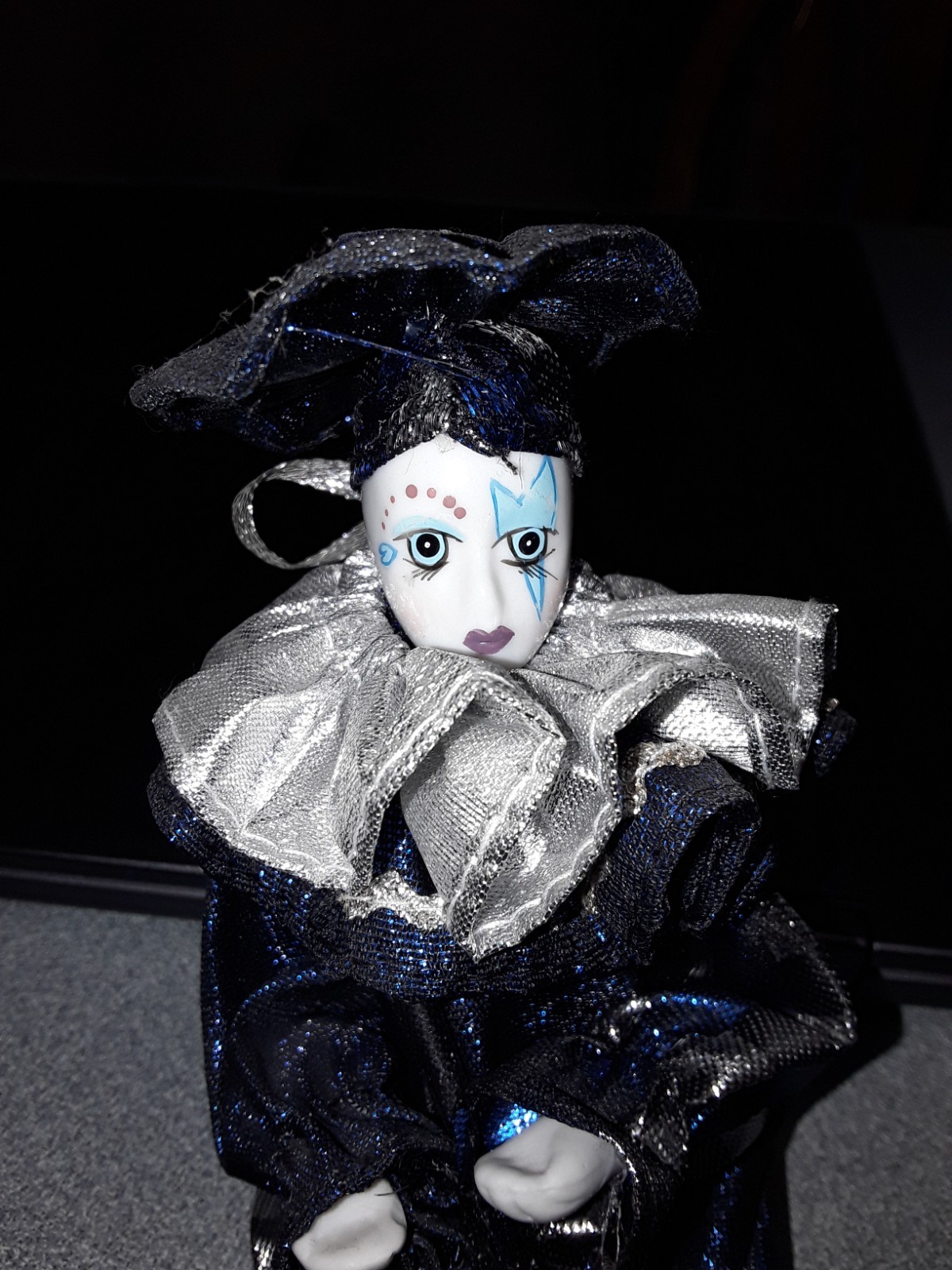 Vintage Jester -shiny blue & silver with porcelain head hands & feet – mint