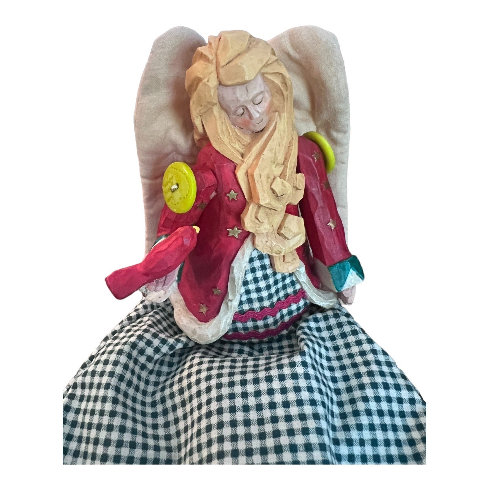 Russ Shelf Sitter Angel Figurine 11″ Resin & Fabric With Movable Arms Farm Style
