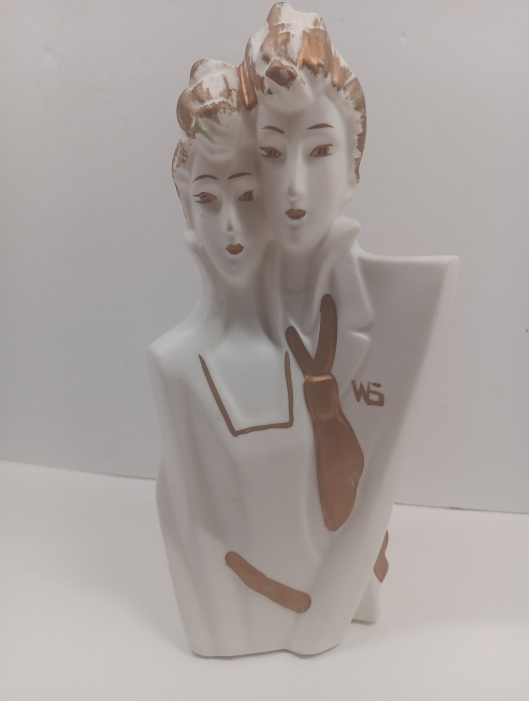 Vtg Art Deco Modernist Cubist Sisters Figurine White w/ Matte Gold 7.25″ H