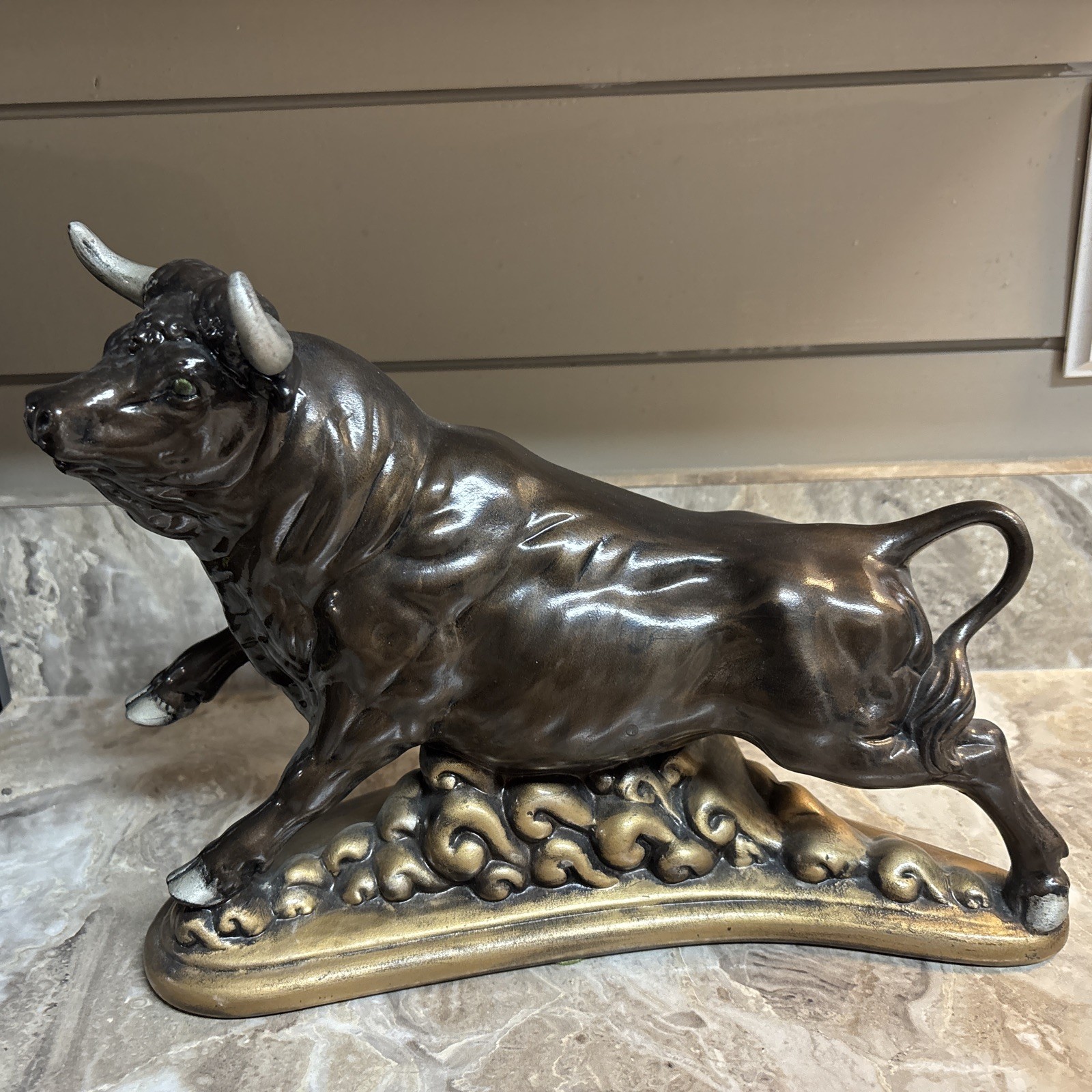 VTG 1970s Atlantic Mold Bronzed Gold Ceramic Spanish Bull Signed MCM 12.5”X 9.5”