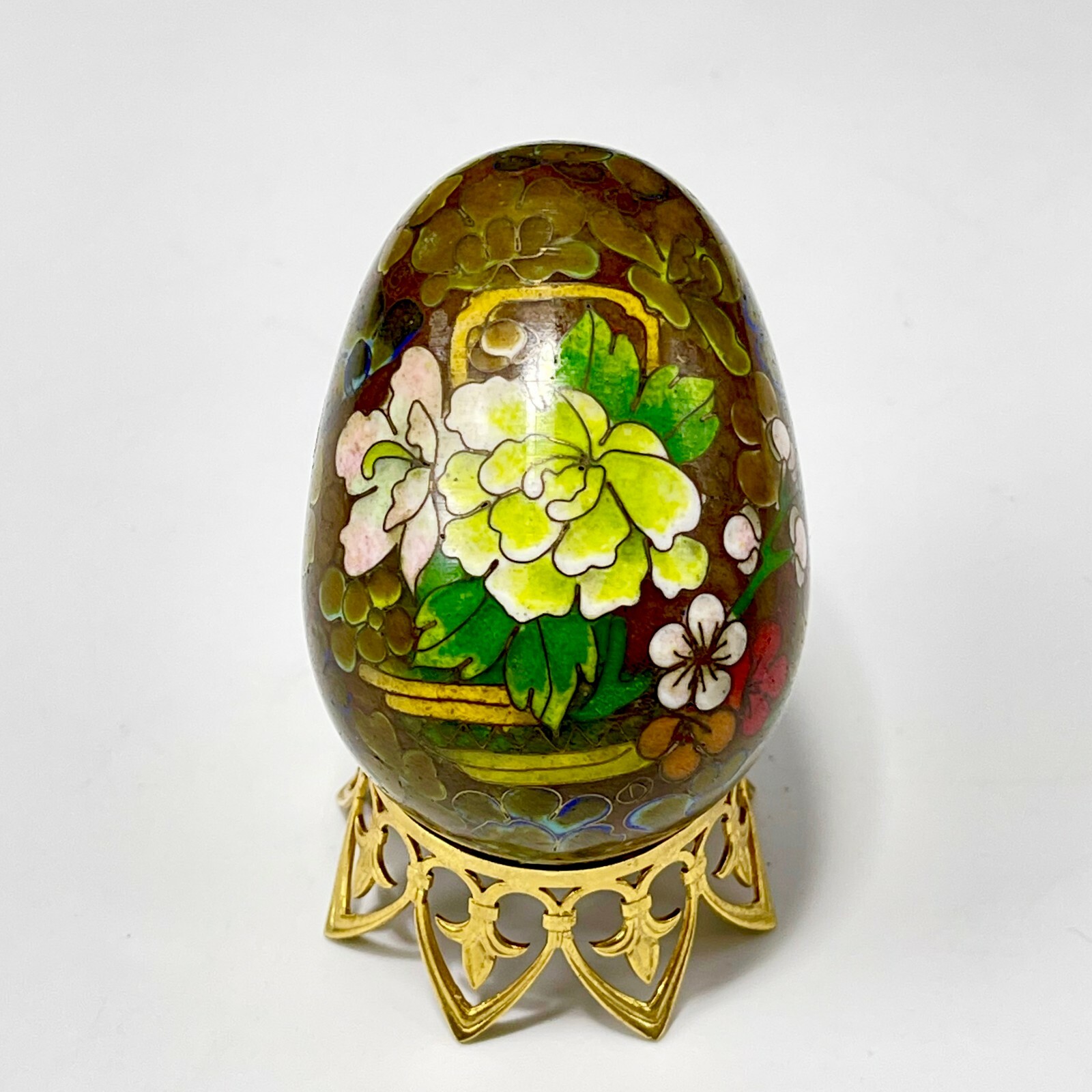 Hand Painted Porcelain Egg Peony Flower Basket Oval Vintage 2.75″