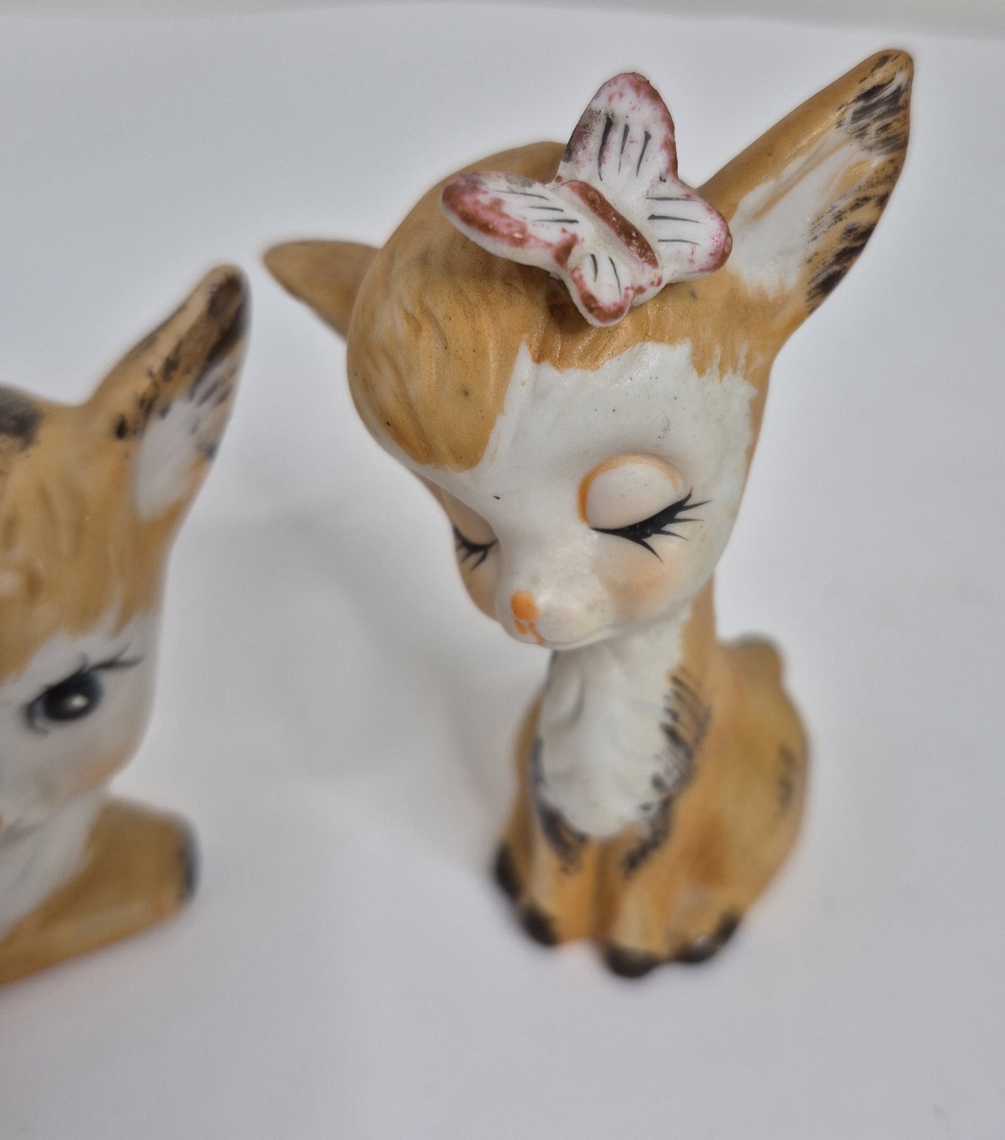 Vintage Big Eyed Deer Fawns Pair With Laying and Sitting