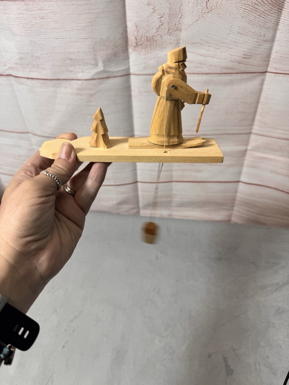 Russian Hand Carved Wood Moveable Skier Folk Art Wood Toy Primitive/Rustic