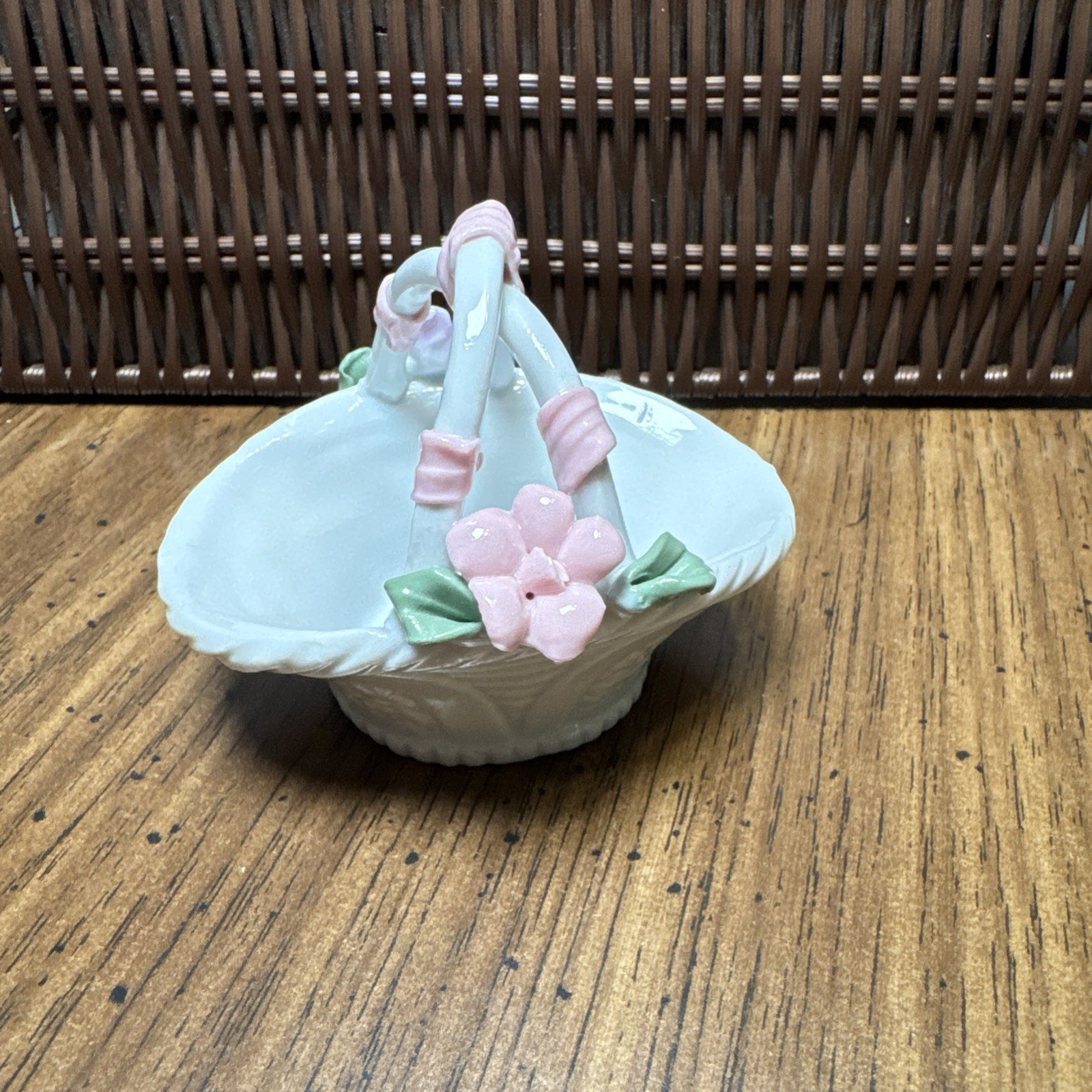 PORCELAIN BASKET OF FLOWERS glossy finish 3″ x 3.5″ In perfect shape!