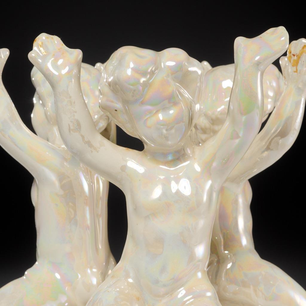 Ceramic Cherub Putti Iridescent Pedestal For Bowl Plate Vintage Plant Stand