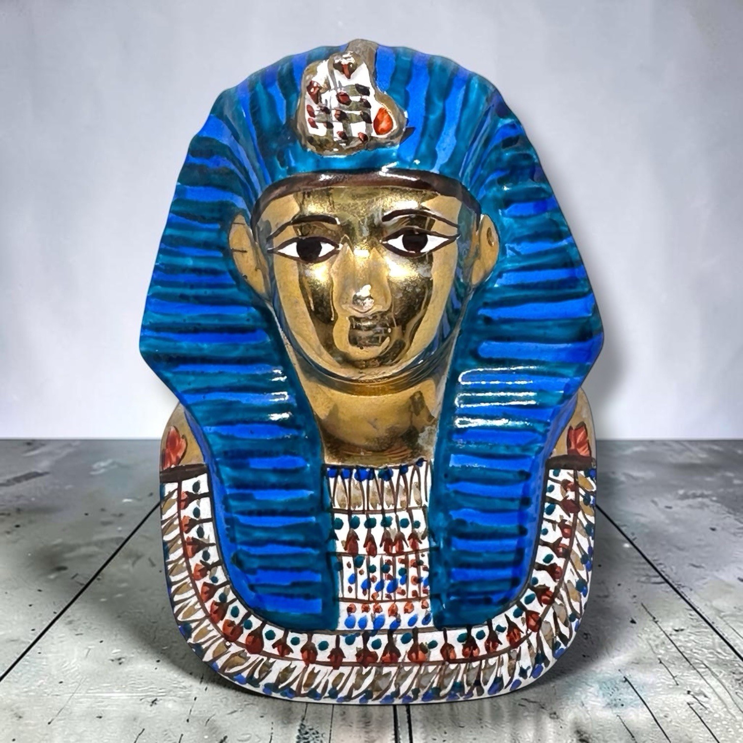 Egyptian King Tut Head Bust Ceramic Statue Gold Plated VTG Hand painted READ