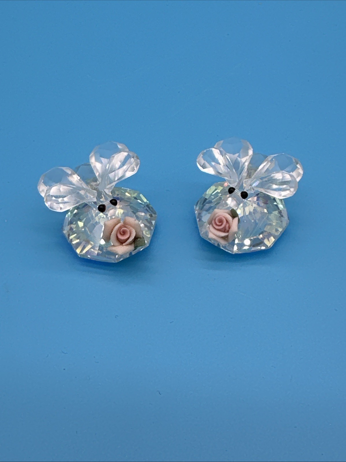 Crystal Butterfly Figurine Set Iridescent Faceted Glass with Pink Porcelain Rose