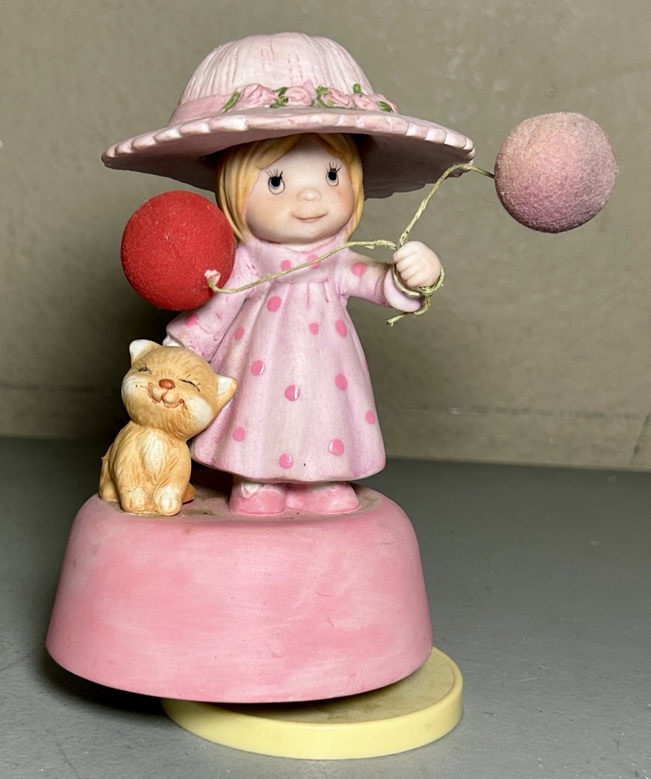 Vintage Hand Painted Girl In Pink w Cat Revolving Music Box Figurine Precious!