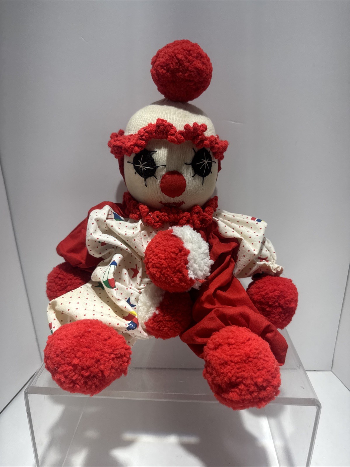 Antique Handmade 12” Clown Doll Hands And Feet are Posable – White And Red