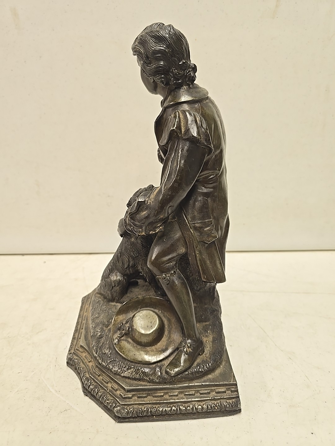 Antique 14″ Victorian European Spelter Sculpture Of Piper Man With Dog Statue