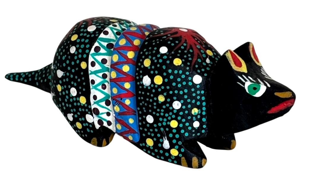 Oaxaca Folk Art Armadillo Wood Carved Figurine Hand Painted Perez V.