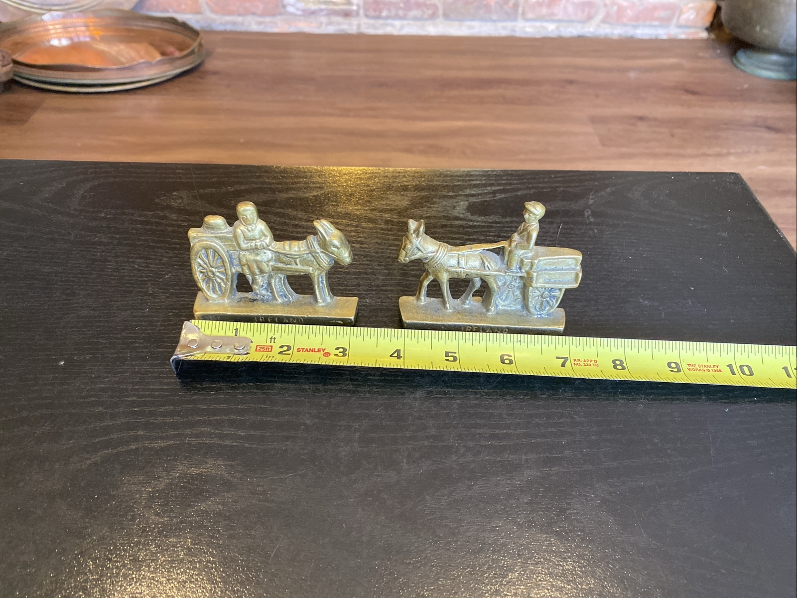 2 Vintage Miniature Brass Doorstop Figures Milk Maid & Man Donkey Carts, Ireland
