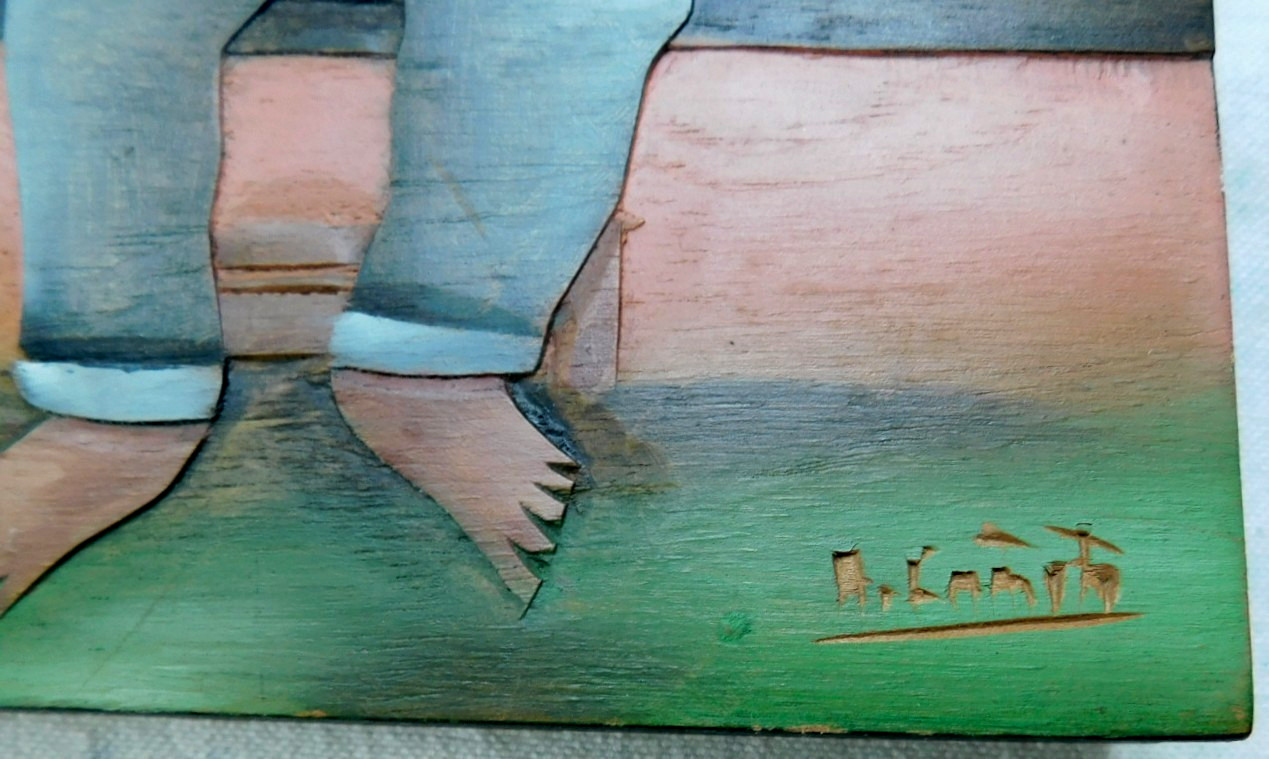 VERY WELL HAND CARVED AND PAINTED SIGNED WOODEN ART WORK