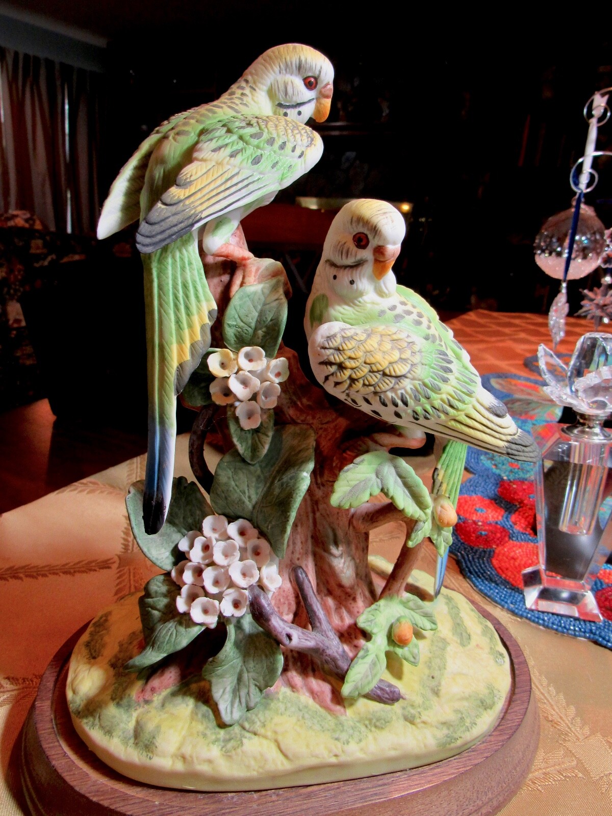 Bisque Parakeet Pair on a Wooden Base—-11-Inches Tall