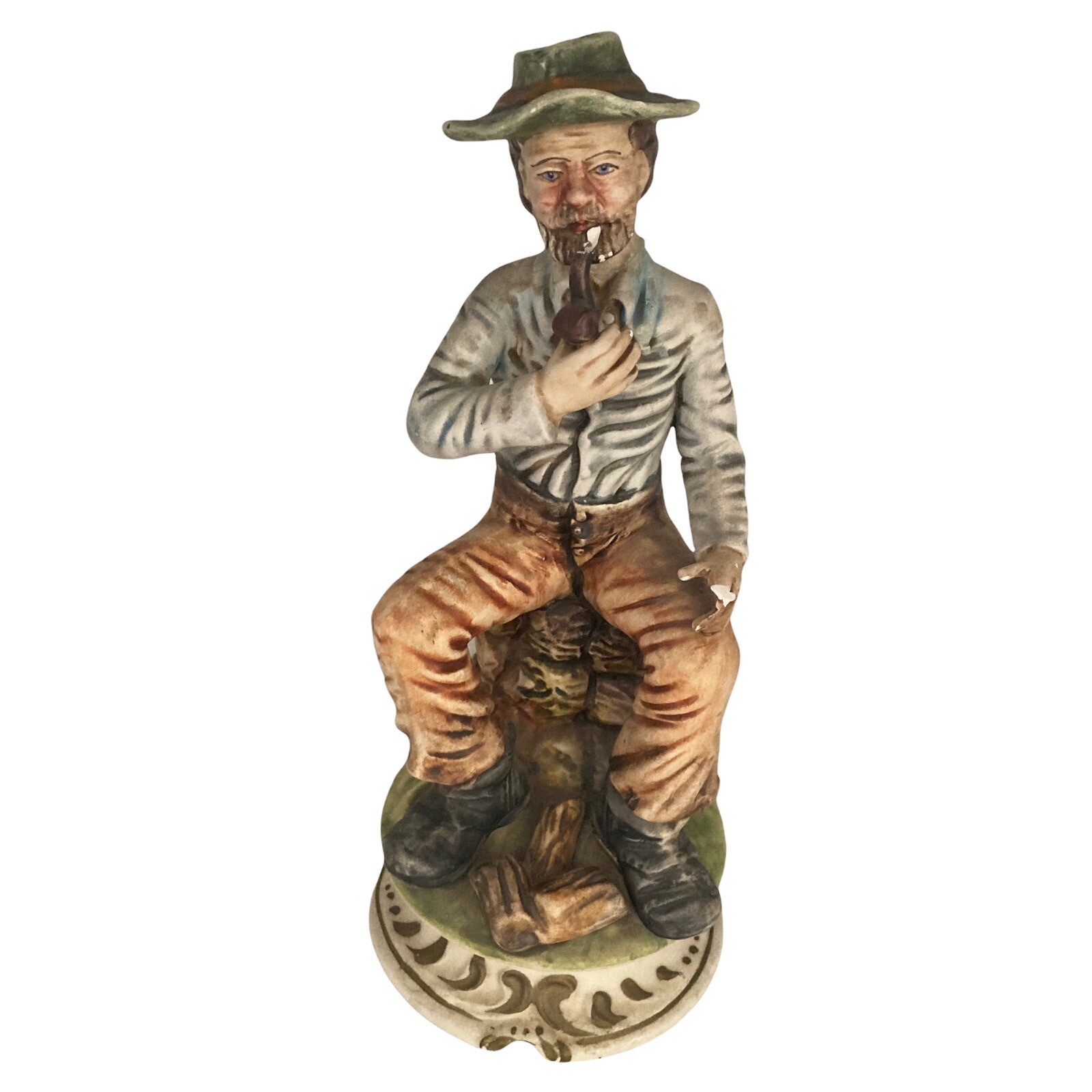 Capodimonte Italy Wood Cutter Man Sitting w Pipe Porcelain 12×5 Stamped