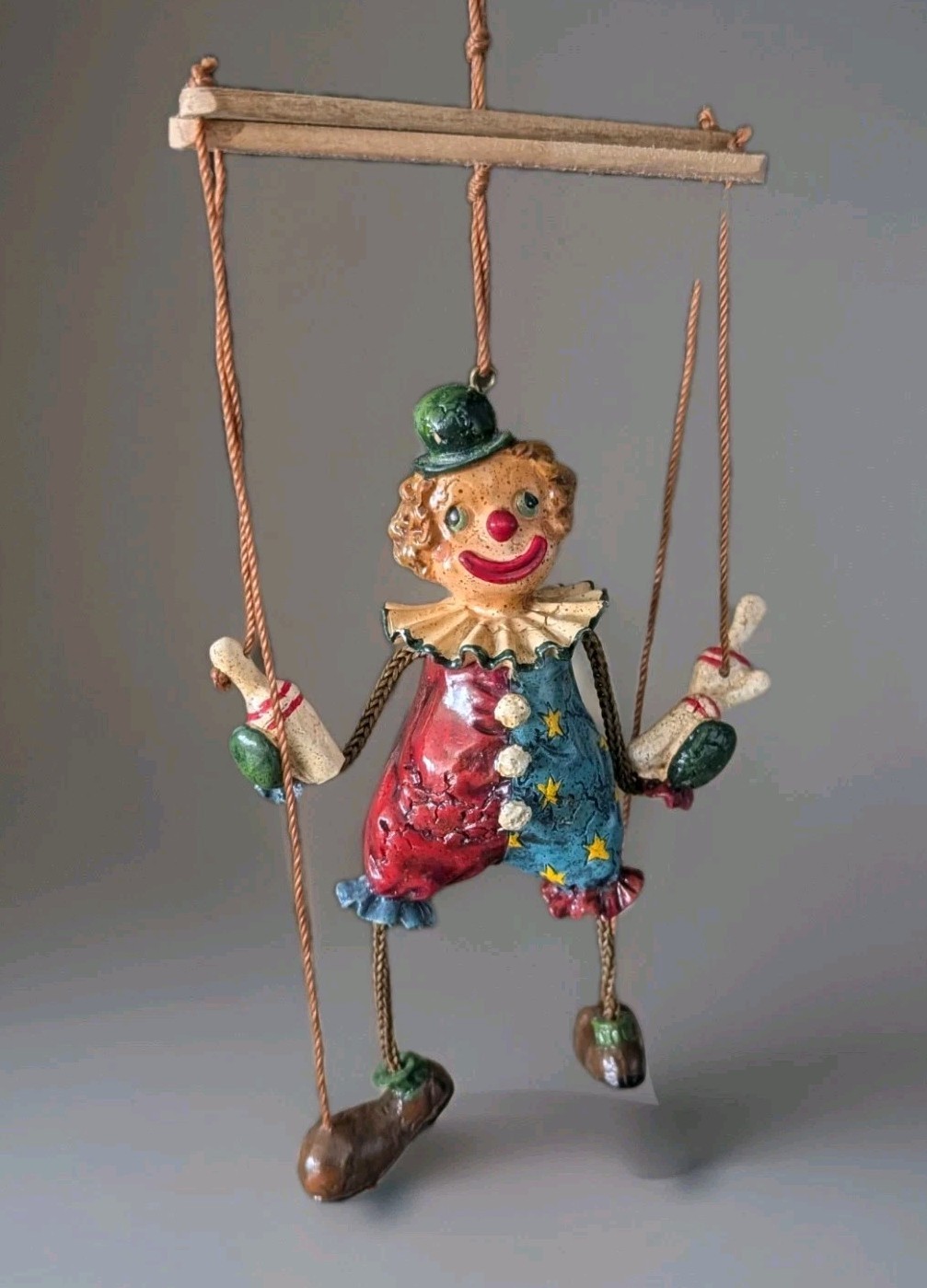 Vintage Clown Marionette Puppet Hand Painted Folk Art Ornament Collectible 1970s