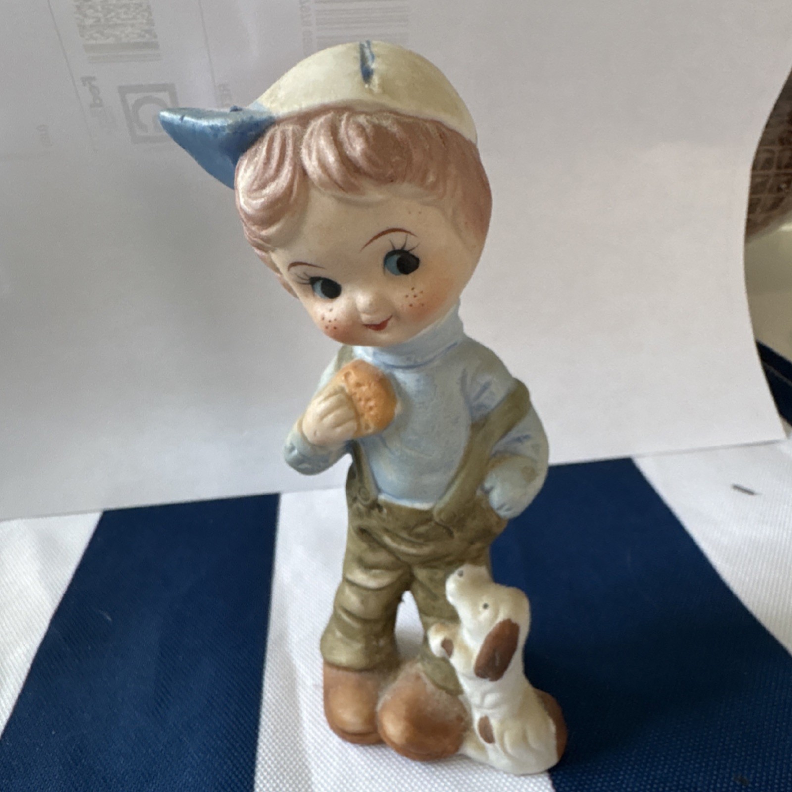 Ceramic Boy with Dog Figurine Hand Painted Matte Multicolor Small People Animals
