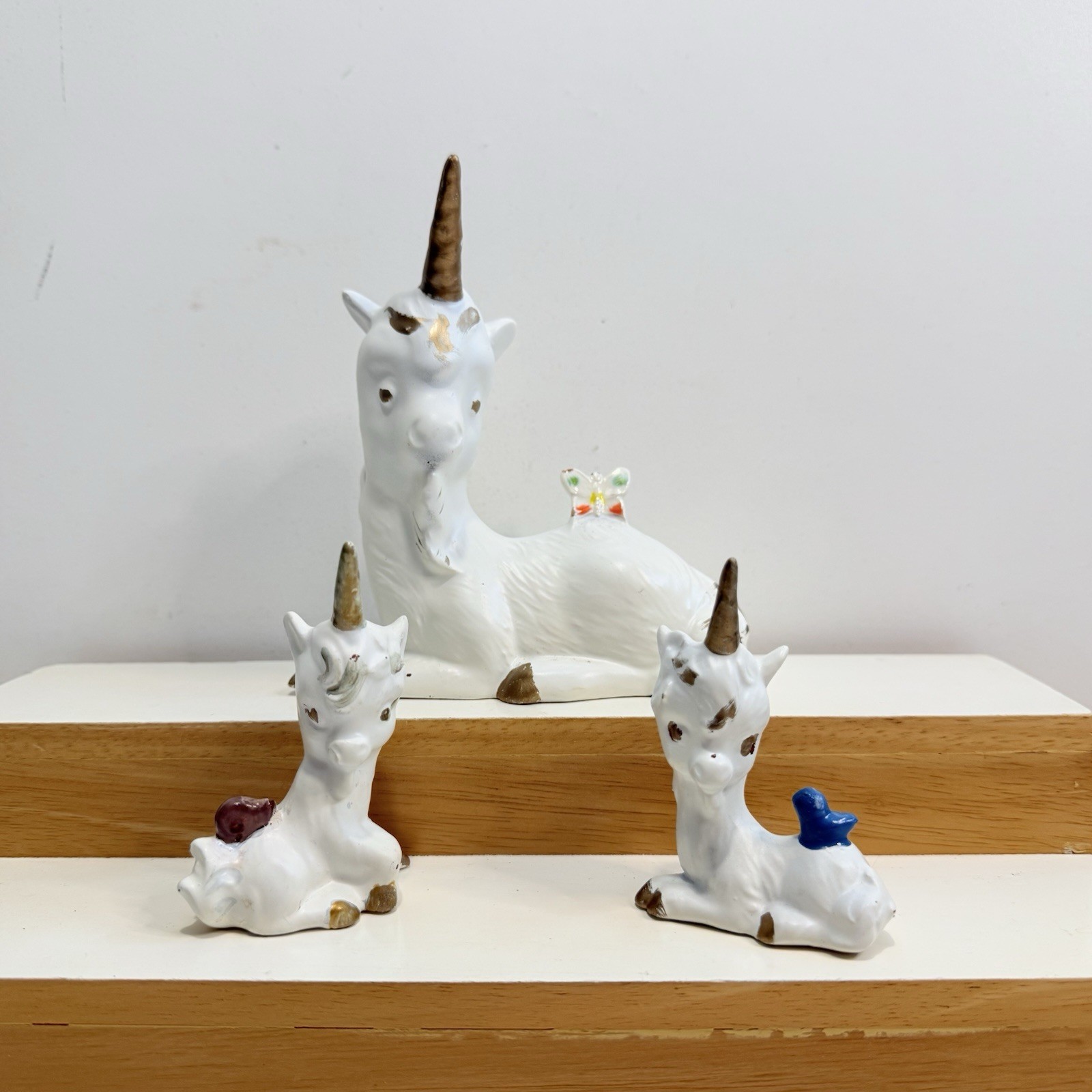 Vintage Hand Painted Unicorn Mama And Two Babies Set Of 3
