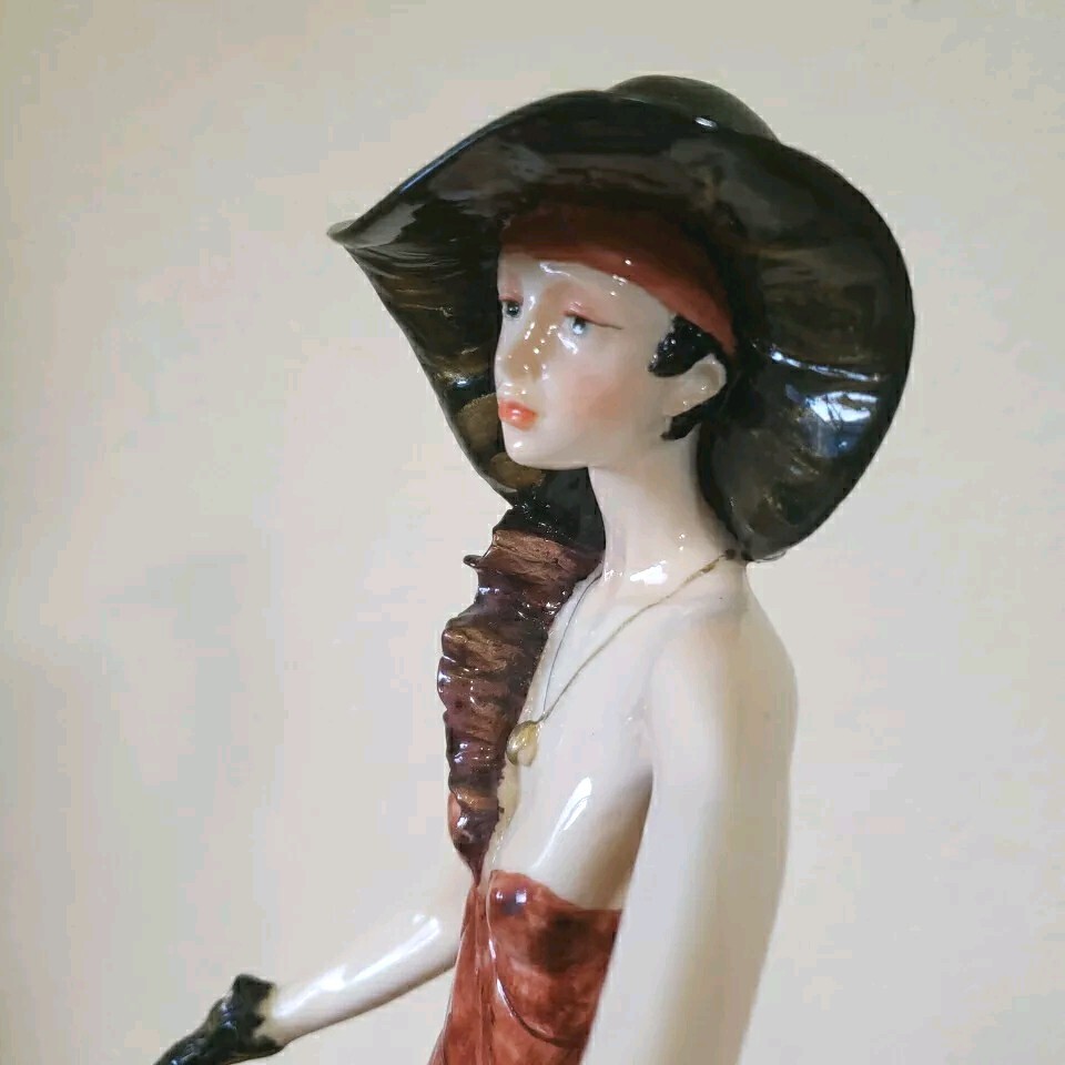 A. Santini Signed 17″ Sculpture Figurine Elegant Lady Walking with Borzoi Dog