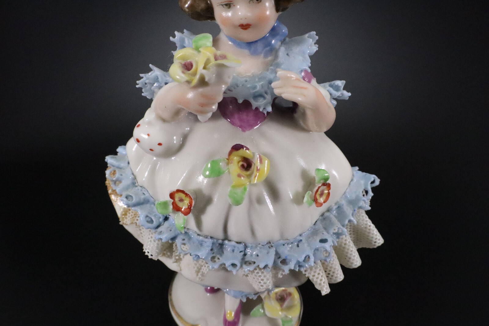 Dresden GIRL in BONNET Porcelain Lace FIGURINE #6 Flowers Germany