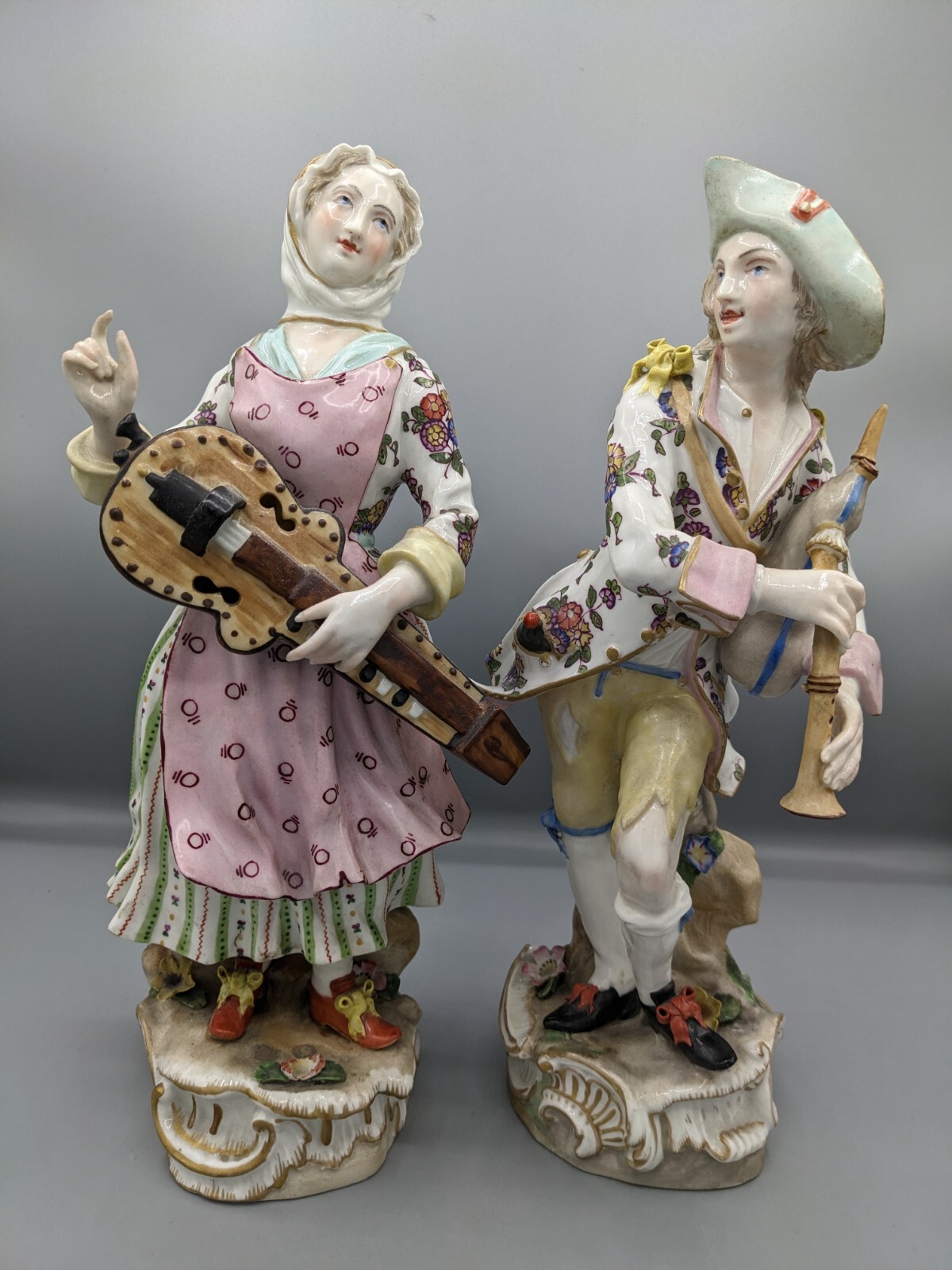 Lrg 18th c Meissen German Two Porcelain Figurines Musicians Mold # 2039 29cm