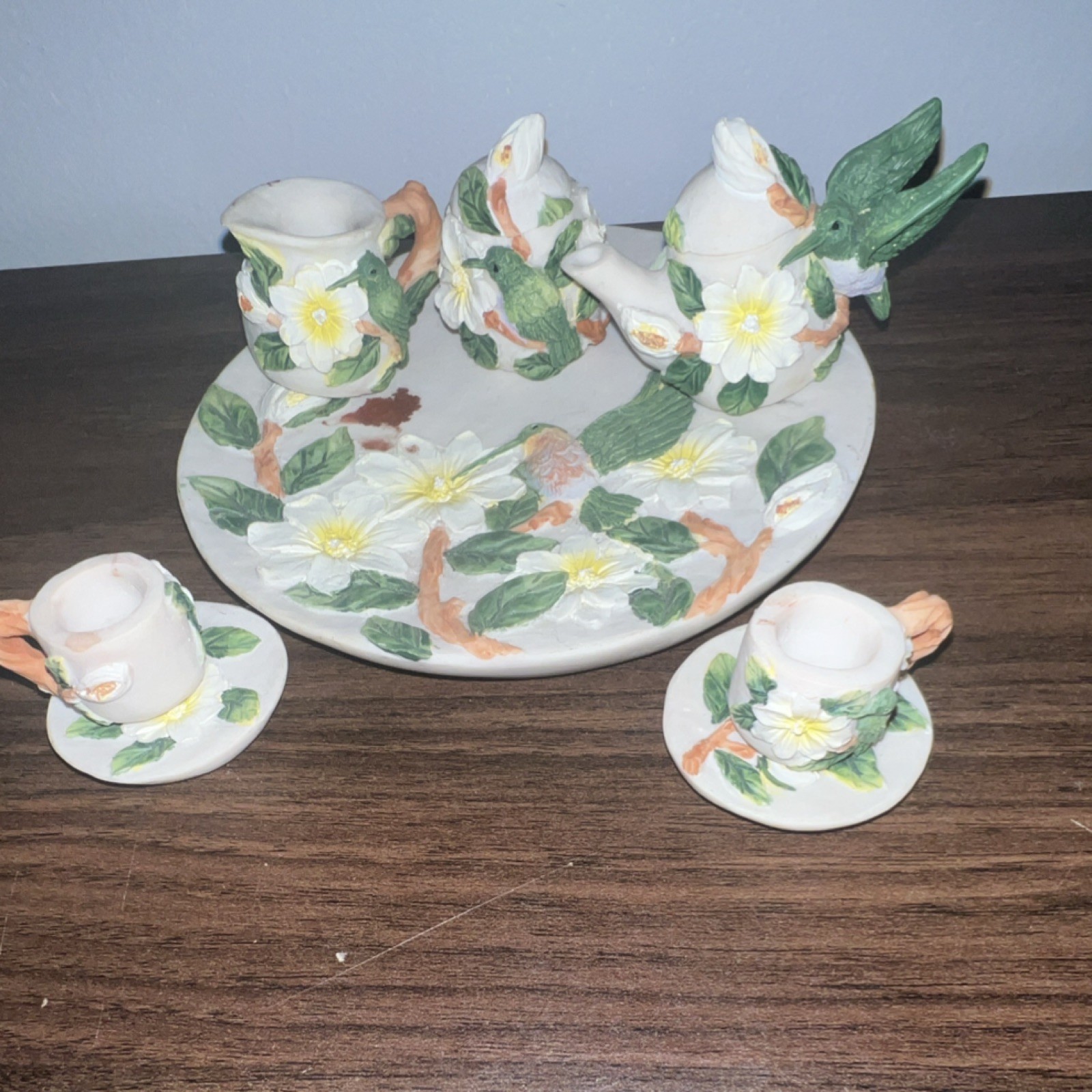 Miniature Ceramic Tea Set Figurines Floral Bird Motif Decorative Collection