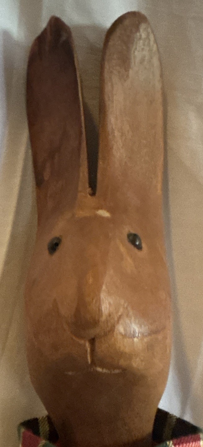 Wood Articulated Rabbit Figurine w/ Plaid Shirt & Green Pants, Brown/Red