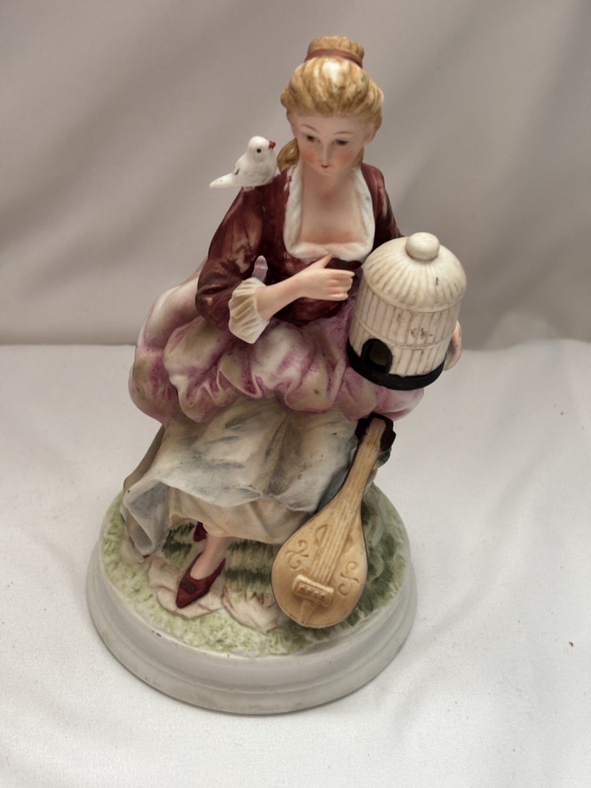 Vintage Andrea Sadek Figurine Woman Pigeons Birds Mandolin Cage 7977 Colonial