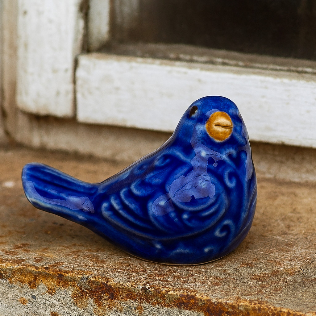 Vintage Portugal Blue Ceramic Bird Figurine Collectible Handmade Pottery Decor