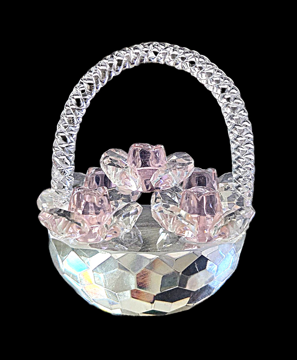 Crystal Clear Faceted Basket Spun Glass Braided Handle And 5 Pink Roses Figurine