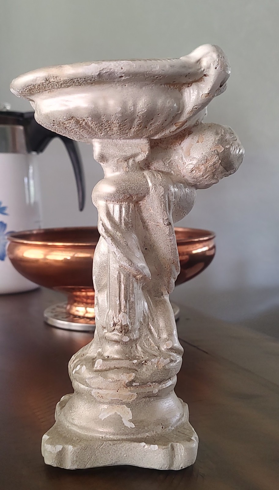 Vintage Chalkware Cherub with Pedestal Bowl Statue 1940s Shabby Chic 8.5 inches