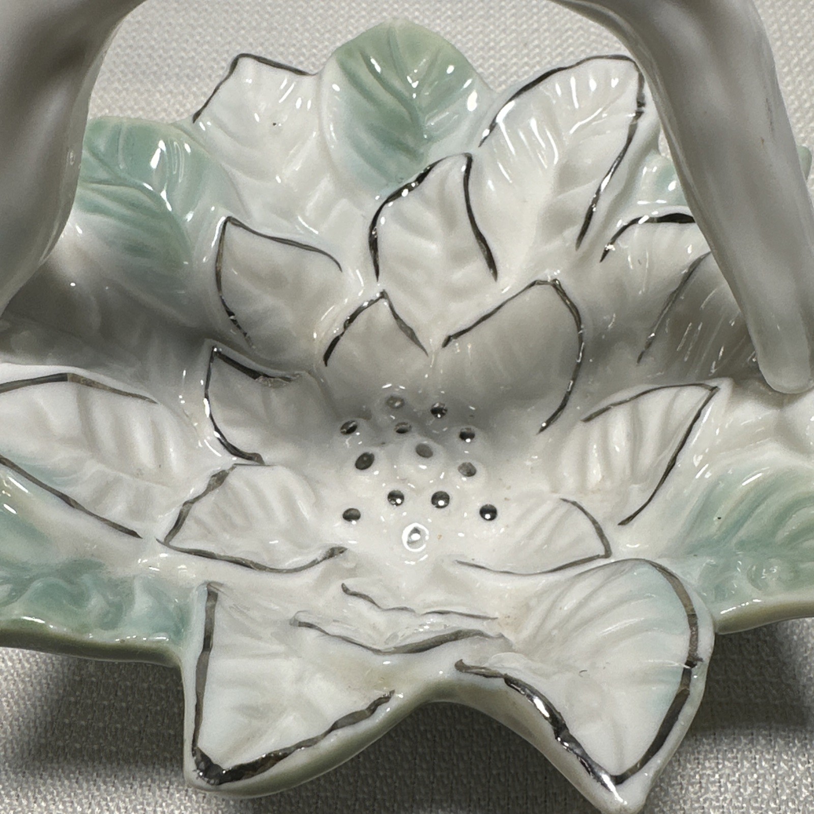 Small Porcelain Handled Basket White Green Flower Silver Accent Glazed 5″x4”
