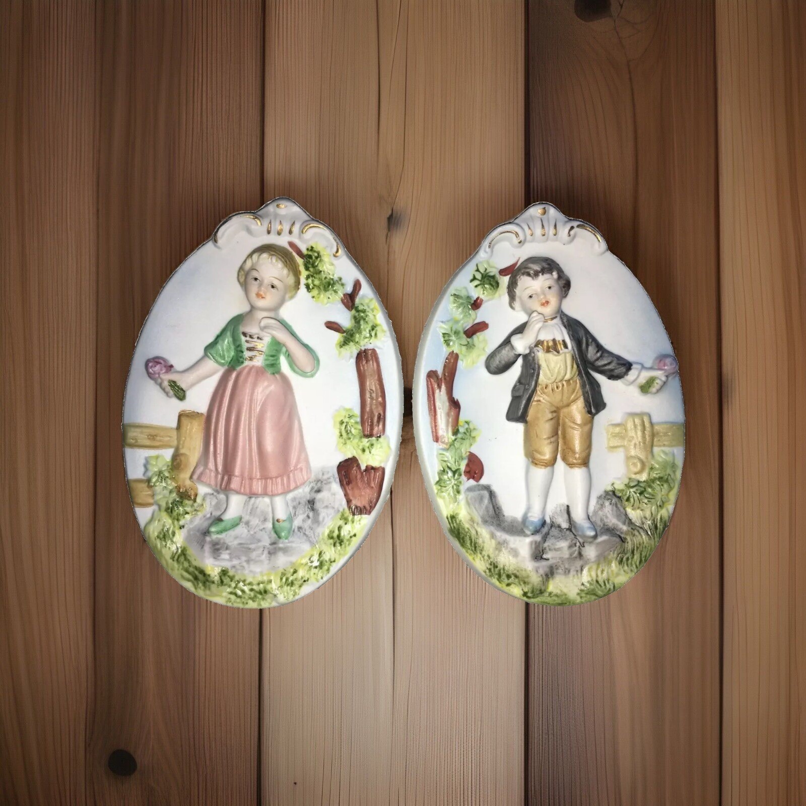 2 Pieces Vintage Ardco Boy and Girl Bisque Ceramic Wall Plaque