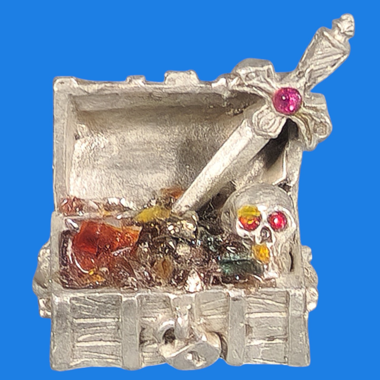 Vintage Pewter Skull Sword Jewels Treasure Chest Figurine Table Top RPG Gaming