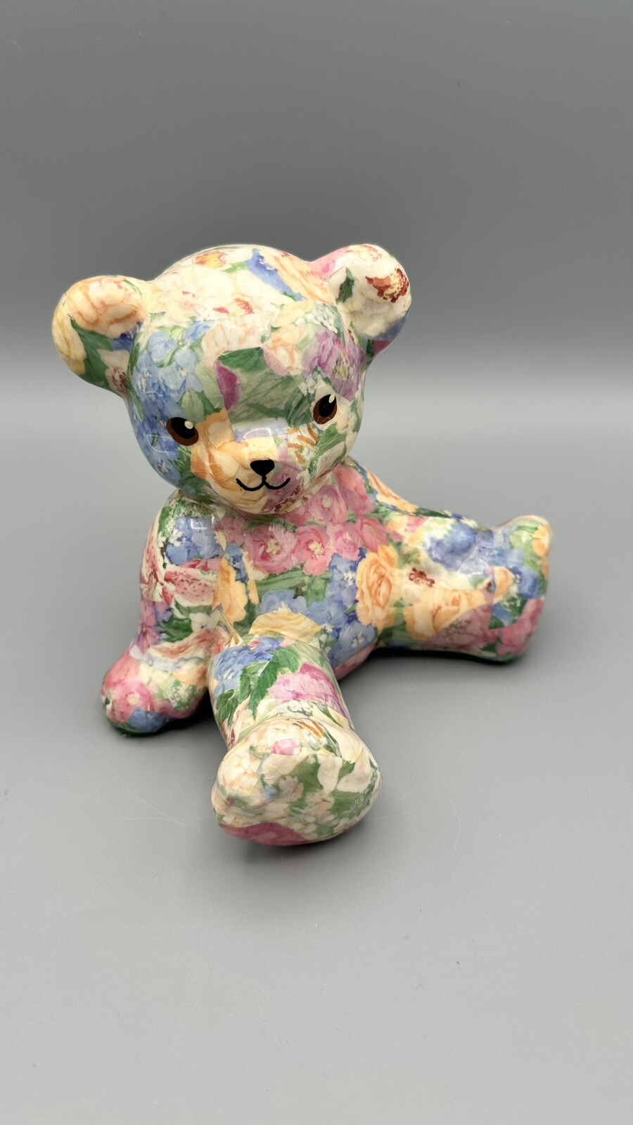 Vintage Decoupage/Glossy Ceramic Floral Teddy Bear W/Ribbon