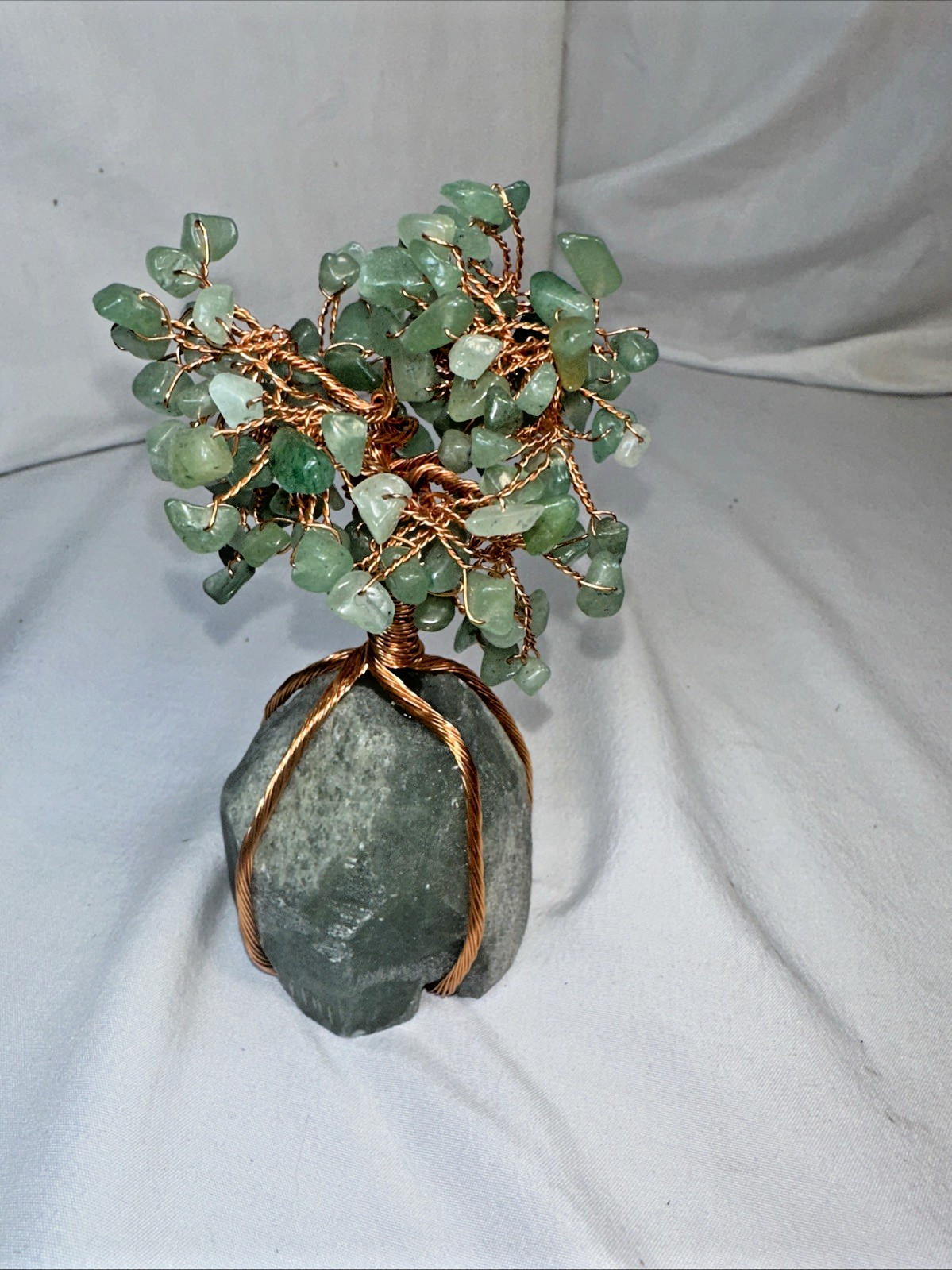 Green Aventurine Gemstone Tree of Life Copper Wire Sculpture on Quartz Base