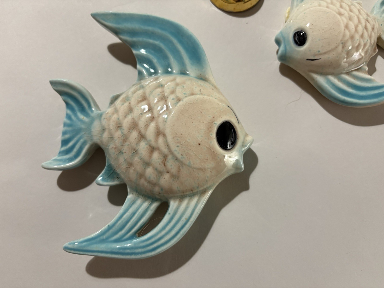 Vintage Ceramic Blue & White Fish Wall Figurines Set of 2, Glazed Nautical