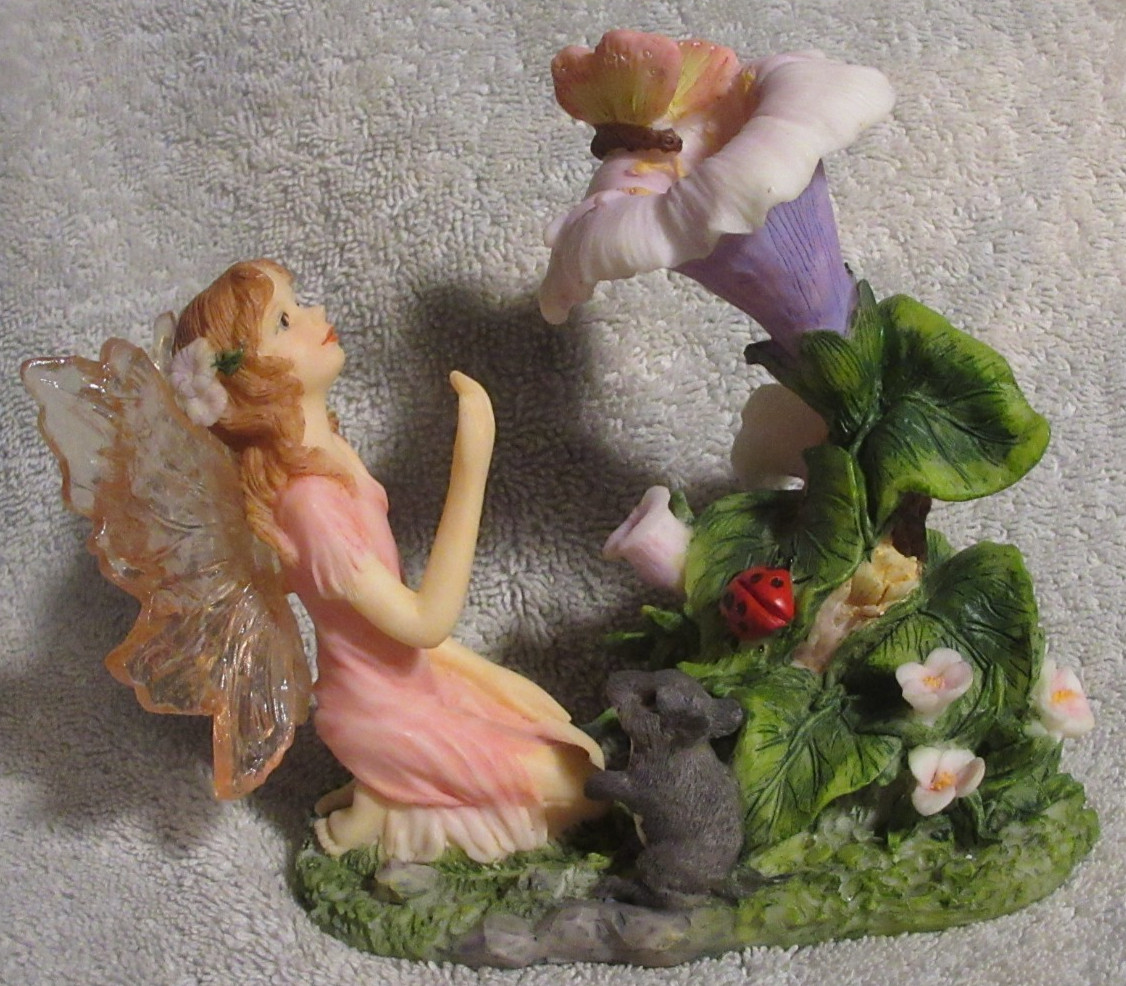 Pink Fairy with Flowers, Butterfly, Mouse, Clear Wings EUC Free Shipping
