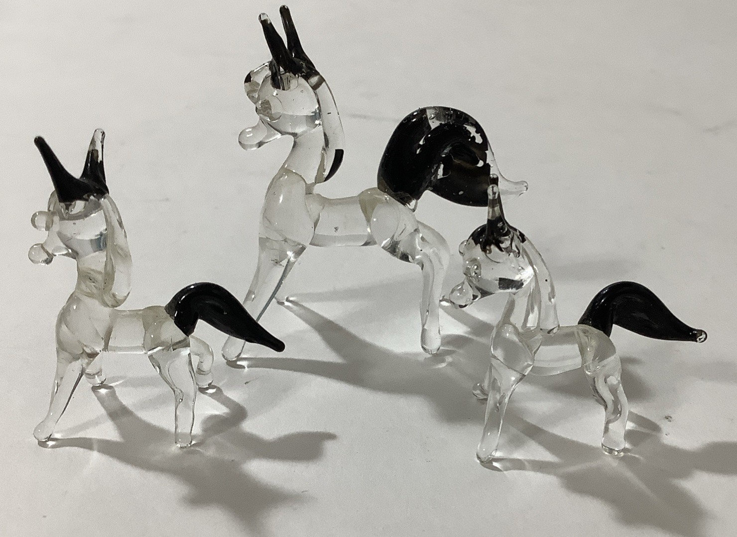 Set Of 3 Clear Glass Horse Figurines Trio Black Ears Tails Animal Mini