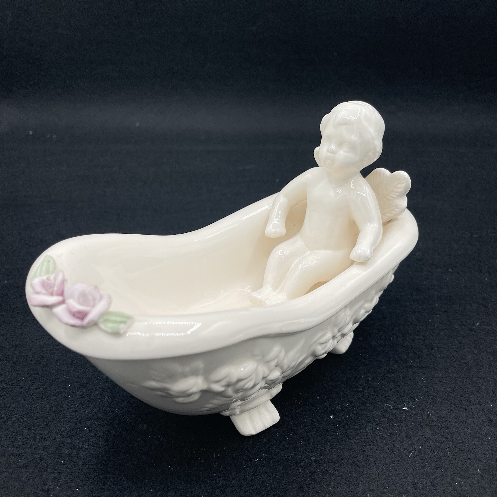 Porcelain Angel Baby With Wings In Tub With Flowers
