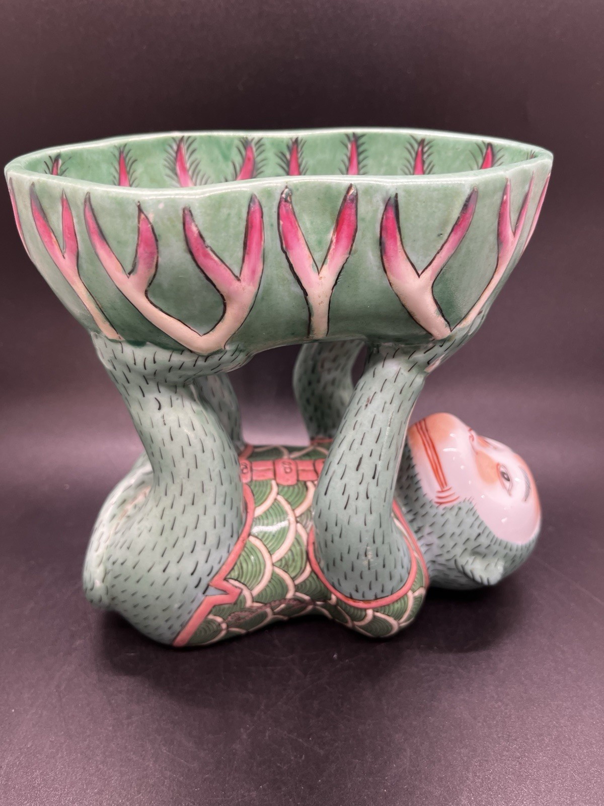 Andrea by Sadek Green Monkey Catch Bowl Trinket Lotus Dish Chinoiserie 6.5” Tall